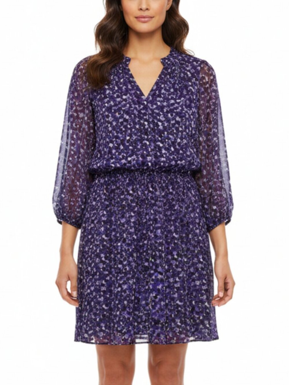 White House Black Market Purple Printed Long Sleeve Dress